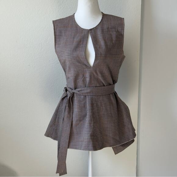 Theory Brown Plaid Wool Belted Peplum Waist Tie Top - Picture 4 of 8